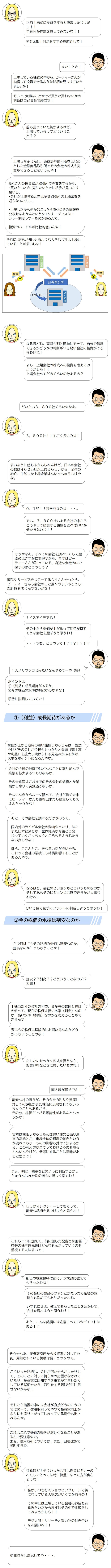 デジ太郎塾　第６話　「ピーティーさん株式銘柄選びでお悩み！！！」  ぴ「さあ！株式に投資をすると決まったわけだし！！早速何か株式を買ってみたいわ！！デジ太郎！何かおすすめを紹介して！」  で「まかしとき！上場している株式の中から、ピーティーさんが納得して投資できるような銘柄を見つけていきましょか！そいで、大事なことやけど買うか買わないかの判断は自己責任で頼むで！」  ぴ「前も言っていた気がするけど、上場しているってどういうこと？？」  で「上場株式っちゅうんは、東京証券取引所をはじめとした金融商品取引所でその会社の株式を売買ができる株式のことをいうんや！ たくさんの投資家が取引所で売買をするから、買いたいとき、売りたいときに相手が見つかり易いし、会社が上場するときは証券取引所の上場審査を通らなあかんし、上場した後も何か起こったら直ぐにその情報を公表せなあかんというタイムリー・ディスクロージャー制度っつーものがあるんで、投資のハードルが比較的低いんや！それに、誰もが知っとるような大きな会社は上場していることが多いしな！」     び「なるほどね。売買も割と簡単にできて、自分で信頼できるかどうかの判断がつき易い会社に投資ができるわけね！よし、上場会社の株式への投資を考えてみようかしら！！上場株式会社ってどのくらいの数あるの？」  で「だいたい3800銘柄社くらいやなあ。」   ぴ「3800！！すごい多いのね！」  で「多いように感じるかもしれんけど、日本の会社の数は400万社以上あるらしいから、全体の約0.1％しか上場企業はないっちゅうわけやな。」  ぴ「0.1％！！狭き門なのね、、、でも、3800社もある会社の中からどうやって投資する銘柄を選べばいいか分からないわ！！」  で「そうやなあ。すべての会社を調べつくして選ぶのはさすがに無理やから、まずはピーティーさんが知っている、身近な会社の中で探すのはどうやろう？商品やサービスをつこーてる会社さんやったら、ピーティーさんも会社のこと調べやすいやろうし、親近感も沸くんやないかな！」  ぴ「ナイスアイデアね！その中から株価が上がるって期待が持てそうな会社を選ぼうと思うわ！、、、でも、どうやって！？！？！？！？」  で「1人ノリツッコミみたいなんやめてーや（笑） 　　ポイントは、①（利益）成長期待があるか、②今の株価の水準は割安なのかやな！順番に説明していくで！」  ①	（利益）成長期待があるか で「株価が上がる期待の高い銘柄っちゅうんは、当然やけどその会社が今後もしっかりと業績（売上高や利益）を拡大し続けられる見込みがあるかが、大事なポイントになるんやな。 　会社の今後の計画ではどんなことに取り組んで業績を拡大するつもりなんか、その未来図はこれまでのその会社の規模とか業績から余りに突飛過ぎないか、そないな点からよーく調べて、会社が描く未来にピーティーさんも納得出来たら投資してもええんちゃうかな！ 　あと、その会社を調べるだけやのうて、国内外のライバル会社の動向やったり、はたまた日本経済とか、世界経済が今後どう変わっていくかっちゅうところも考えられたらなお良しやな！ほら、昨今、きな臭い話が多いやろ、これって会社の業績にも結構影響することがあるんやで。」  ぴ「なるほど。会社のビジョンがどういうものなのか、そして私もそのビジョンに共感できるかが大事なわけね！ひいき目で見ずにフラットに判断しようと思うわ！」  ②今の株価の水準は割安なのか で「2つ目は“今その銘柄の株価は割安なのか、割高なのか”っちゅうことや！」  ぴ「割安？？割高？？どういうことなのデジ太郎！」  で「1株当たりの会社の利益、資産等の数値と株価を使って、現在の株価は低い水準（割安）なのか、高い水準（割高）なのかを考えることができるんや！要は今の株価は理論的にお買い得なんかどうかっちゅうことやな！   ぴ「たしかにせっかく株式を買うなら、お買い得なときに買いたいものね！」  で「商人魂が騒ぐでえ！割安な株のほうが、その会社の利益や資産に対しての評価がまだ株価に反映されてないっちゅうこともあるから、その分、株価が上がる可能性があるんとちゃうかな！ 実際は株価っちゅうもんは買い注文と売り注文の需給とか、市場全体の相場の動きというか流れっちゅーものの影響も受けて決まるから、この考え方が全てってわけじゃあもちろんないんやけど、参考にすることは意味があると思うで！ 」  で「なぁ、割安、割高をどのように判断するかっちゅうんはまた別の機会に詳しく話すわ！」  ぴ「しっかりレクチャーしてもらって、割安な銘柄を見つけようと思うわ！」  で「これら二つに加えて、前に話した配当と株主優待等の株主還元策はどんなもんかっていうのも重視する人は多いで！」   ぴ「配当や株主優待は前にデジ太郎に教えてもらったわね！その会社の製品のファンとかだったら応援の気持ちも込めてもありだったわね。いずれにせよ、教えてもらったことを活かして、会社を調べようと思うわ！！あと、こんな銘柄には注意！っていうポイントはある！？」  で「そうやなあ、証券取引所から投資家に対して公表、周知されている銘柄は要チェックやで。こういった銘柄は、会社が何かやらかしたりして、そのことに対して何らかの措置がなされていたり、投資家に周知すべき事象が発生したりしている銘柄やから、取引をする際は特に注意せないかんな！それから措置の中には会社が直接どうのこうのではのーて、信用取引ってやつで投資家同士が余りにも盛り上がってしまっている場合も出されるんや。これはこれで株価の動きが激しく成り得なることがあるんで要注意やで。まぁ、信用取引については、また、日を改めて説明するわ。」  ぴ「なるほど！そういった会社は投資ビギナーのわたしにとっては特に慎重になった方が良さそうね！」  ぴ「私がいつも行くショップショッピングモールで気になっている人気店がいくつかあるの。その中には上場している会社のお店もあるみたいだからまずはその中で比較をしてみようかしら！！デジ太郎！リサーチと買い物の付き合いをお願いね！！」  で「荷物持ちは堪忍してや．．．」